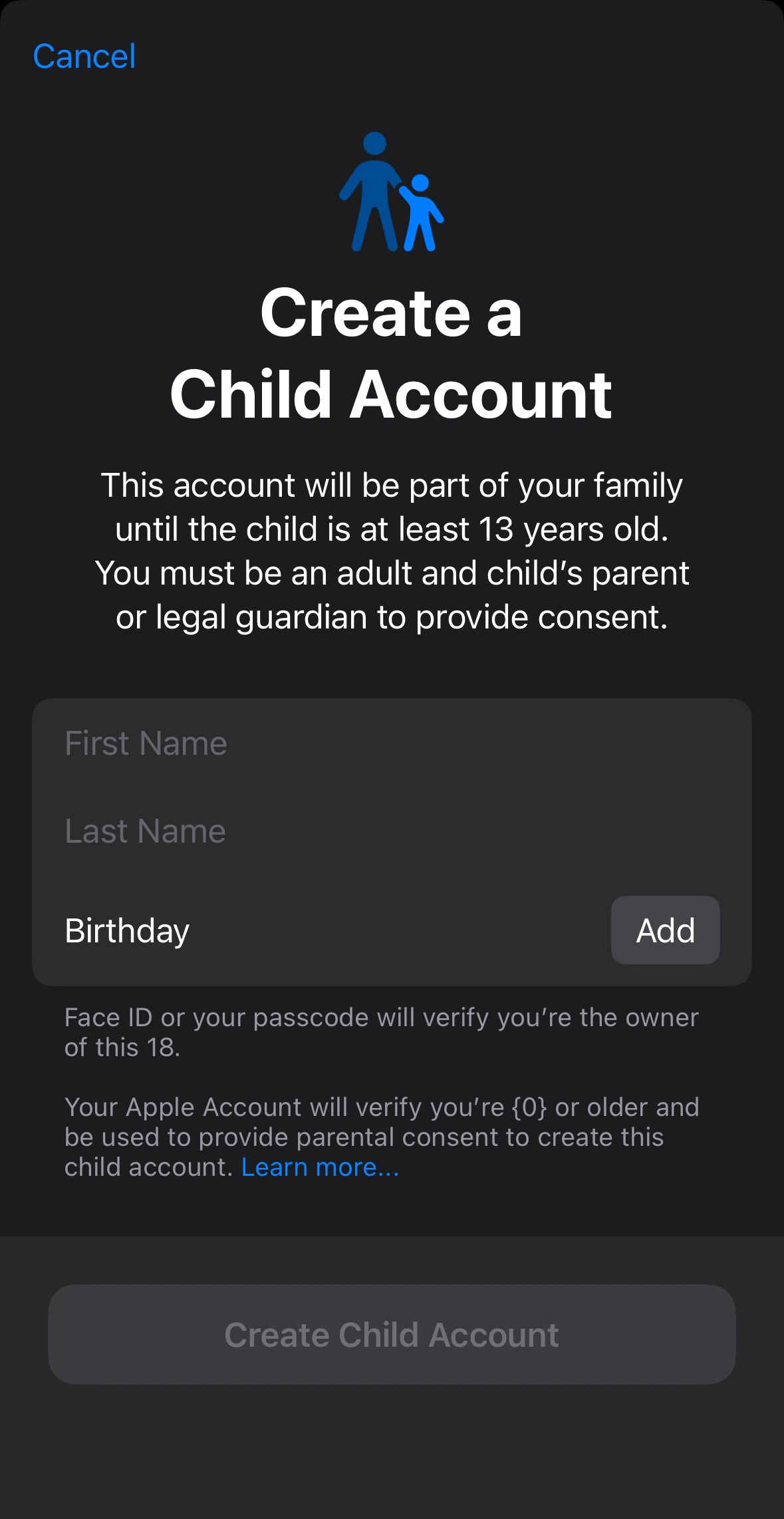 iPhone safety settings for kids – Create a Child Account Screen