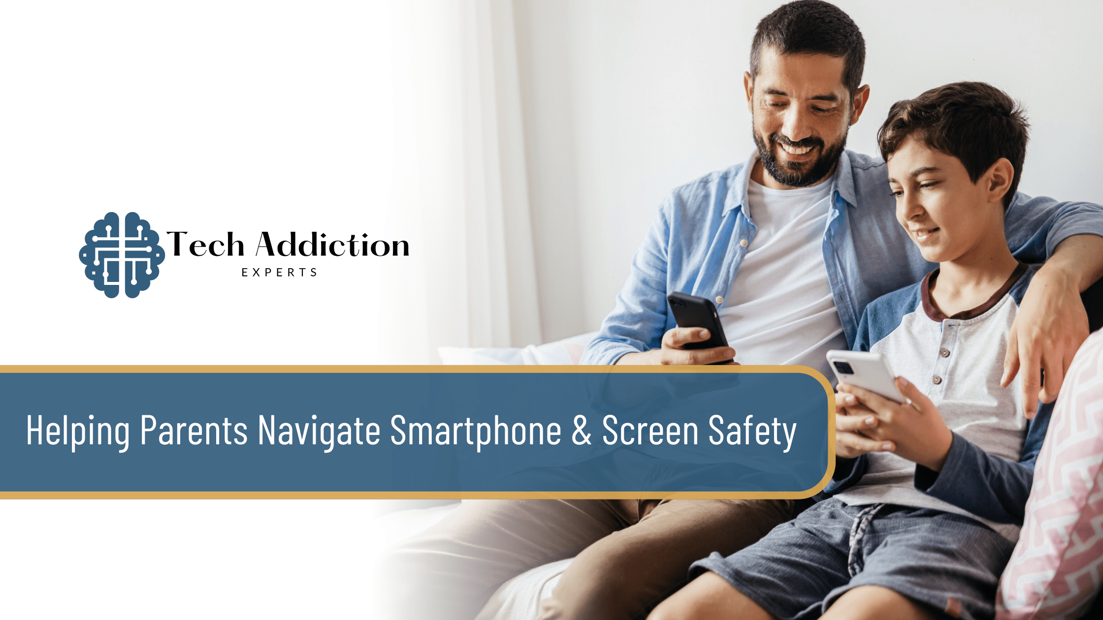 Dad helping son navigate a smart phone